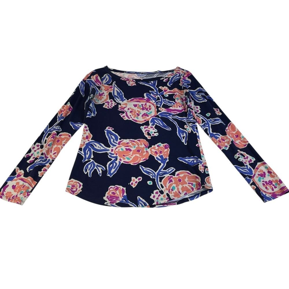 Lilly Pulitzer Women's Navy Floral Print Long Sleeve Top S‎ 100% Pima Cotton